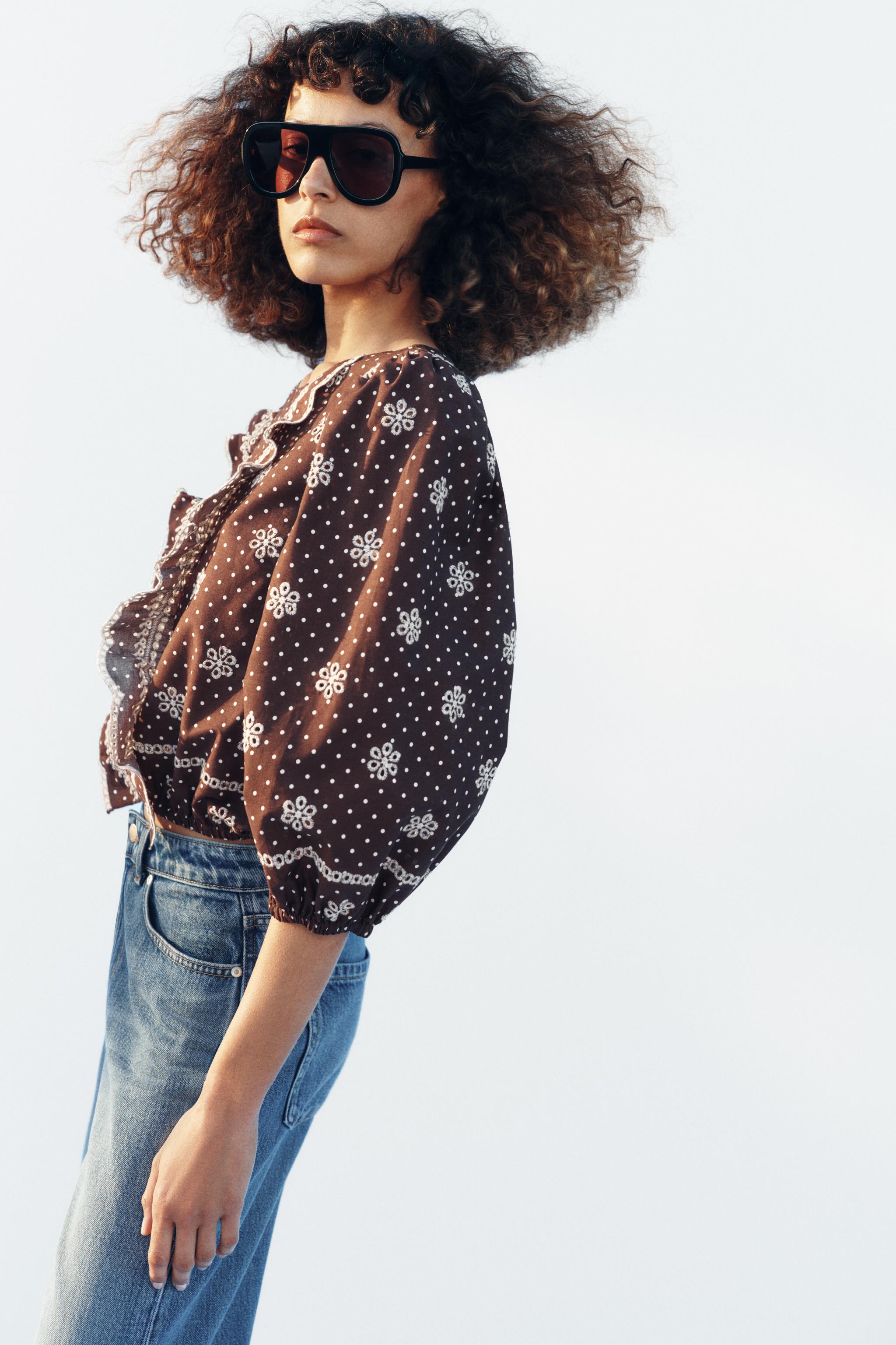 EMBROIDERED PERFORATED POLKA DOT BLOUSE